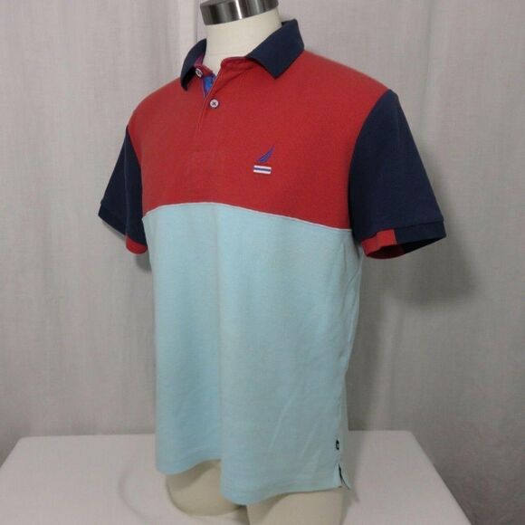Nautica Red Navy Blue Aqua Color Block Polo Shirt L - Picture 6 of 11